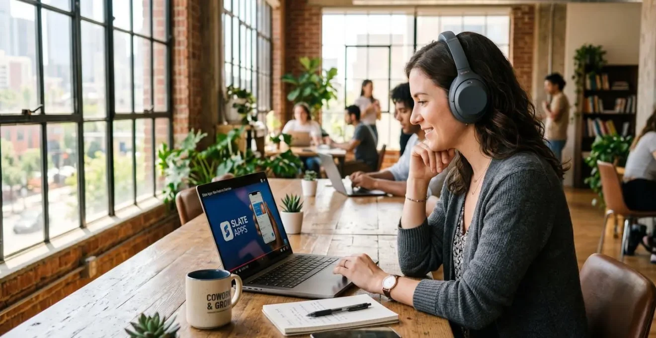 Community manager avec un casque audio écoutant la bande son d'une vidéo produit sur son ordinateur portable dans un espace de coworking
