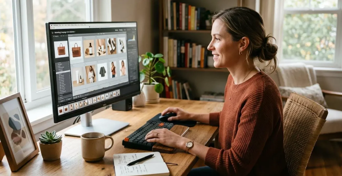 Responsable marketing en télétravail sélectionnant des photos de produits sur son écran pour créer une vidéo engageante
