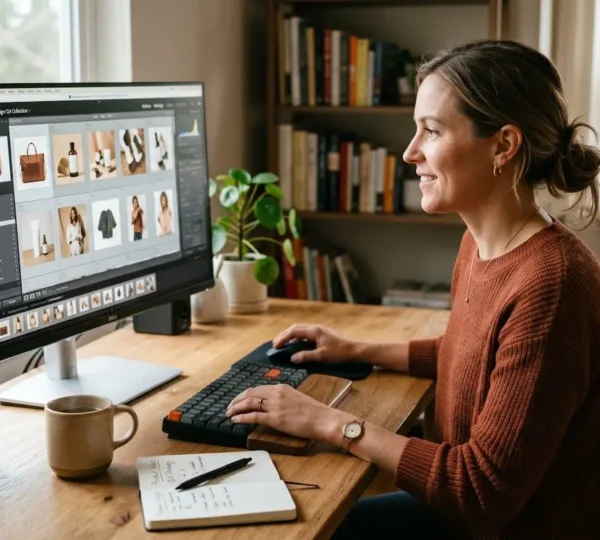 Responsable marketing en télétravail sélectionnant des photos de produits sur son écran pour créer une vidéo engageante